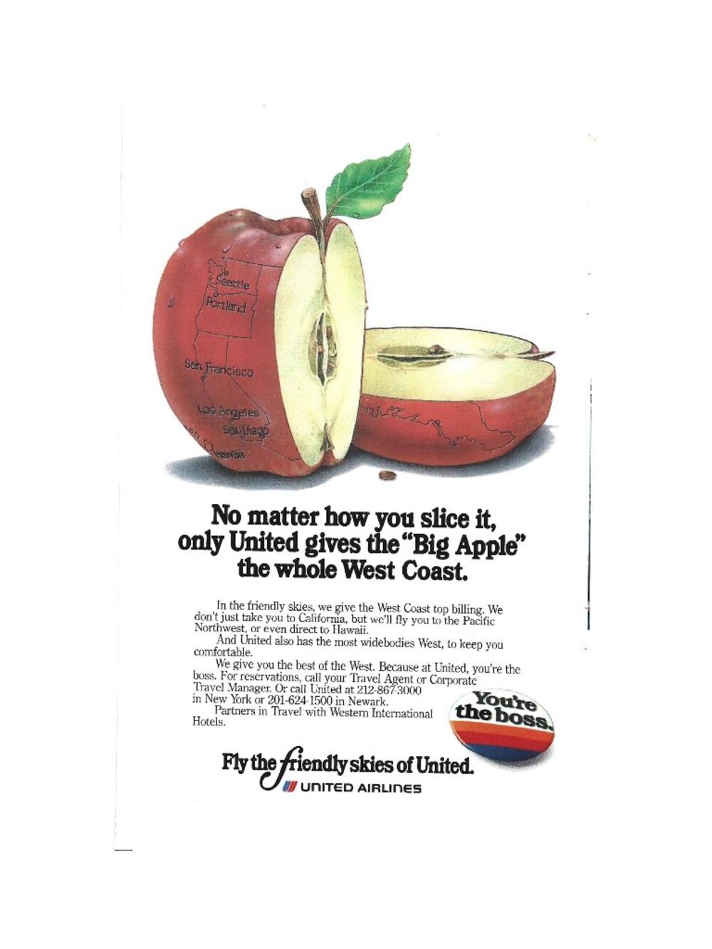 Print Ad United Airlines Big Apple West Coast Travel Service 1970s Youre Boss
